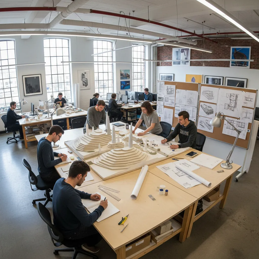 Estudiantes de arquitectura trabajando en una maqueta de proyecto