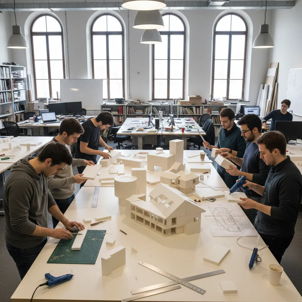 Estudiantes de arquitectura trabajando en una maqueta de edificio