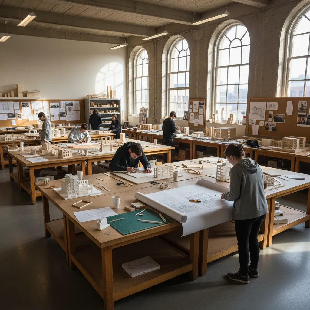 Estudiantes de arquitectura trabajando en maquetas y planos en un taller universitario