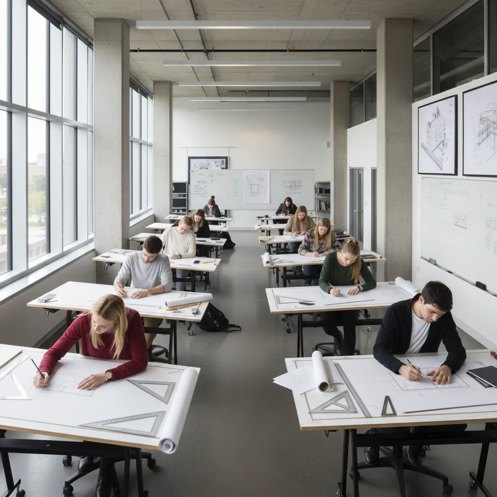 Estudiantes practicando dibujo técnico de interiores en un aula de diseño