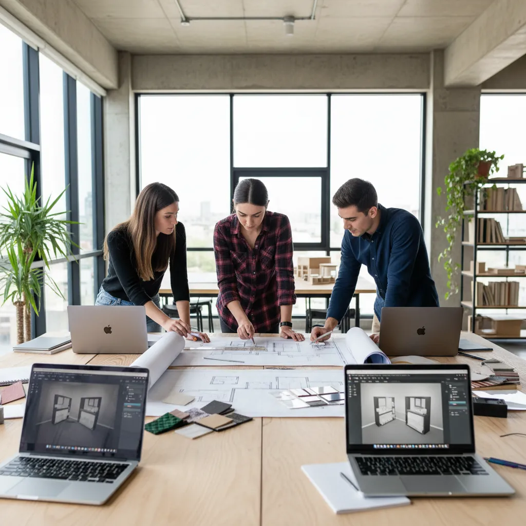 Estudiantes trabajando en planos de diseño de interiores