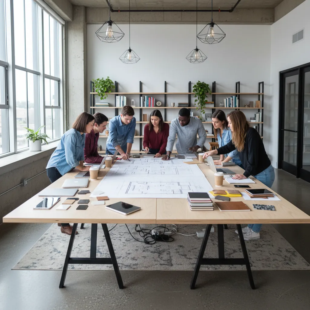 Estudiantes revisando planos de interiorismo en una mesa de trabajo