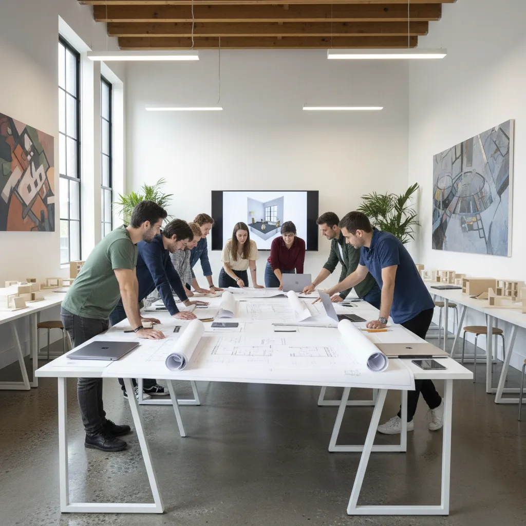 Estudiantes revisando planos de distribución interior en clase