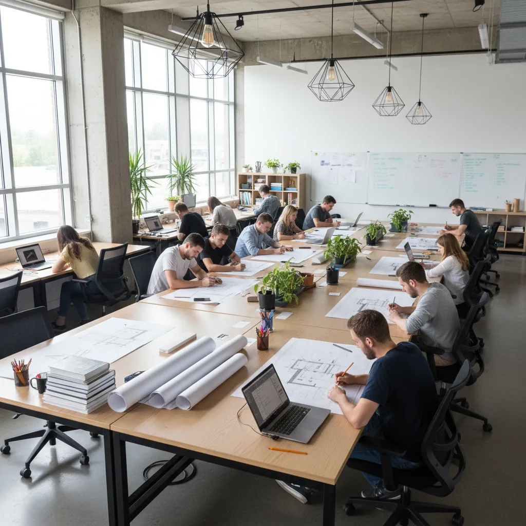 Grupo de estudiantes desarrollando proyectos de diseño interior en un aula creativa