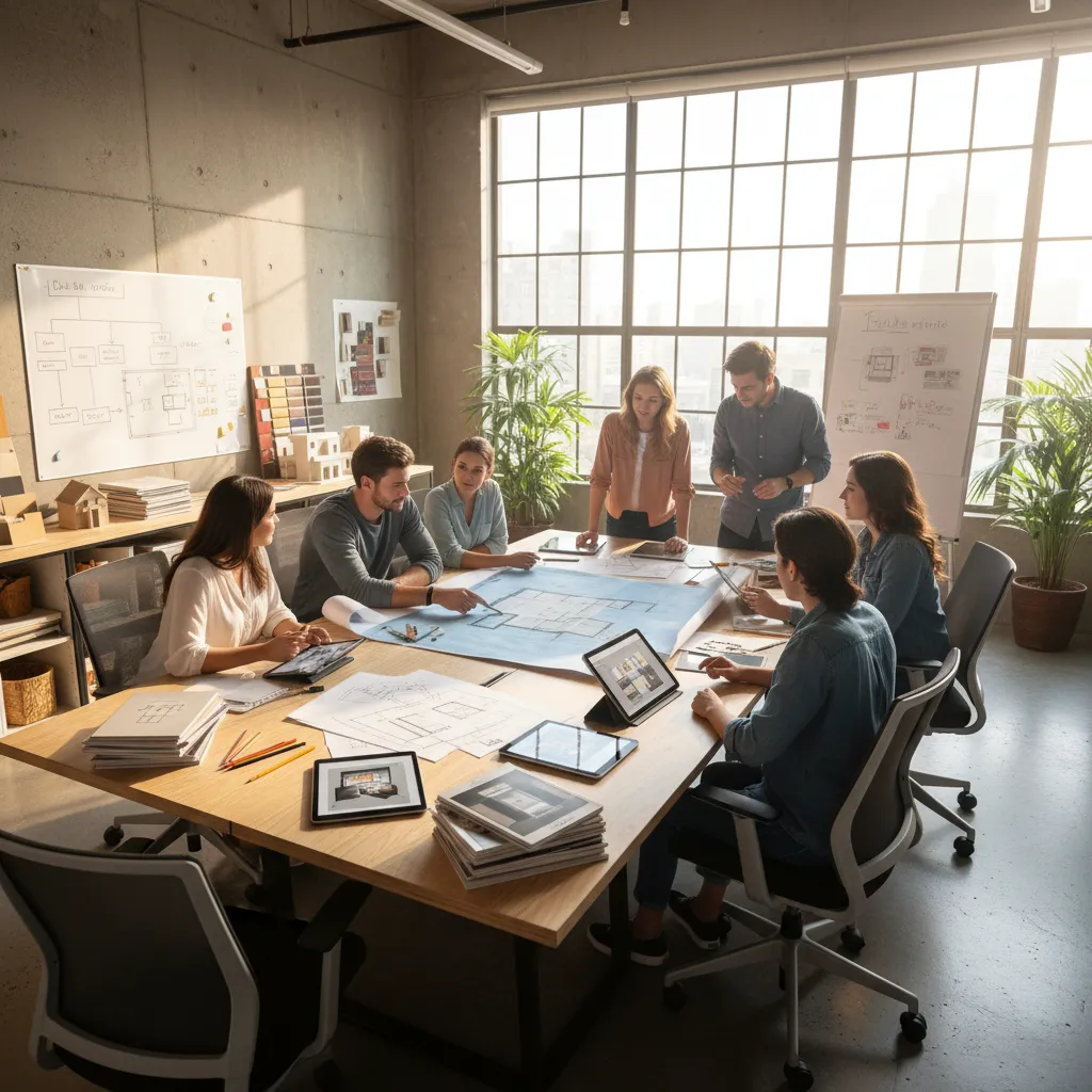 Grupo de estudiantes analizando un proyecto de interiorismo con planos y tabletas