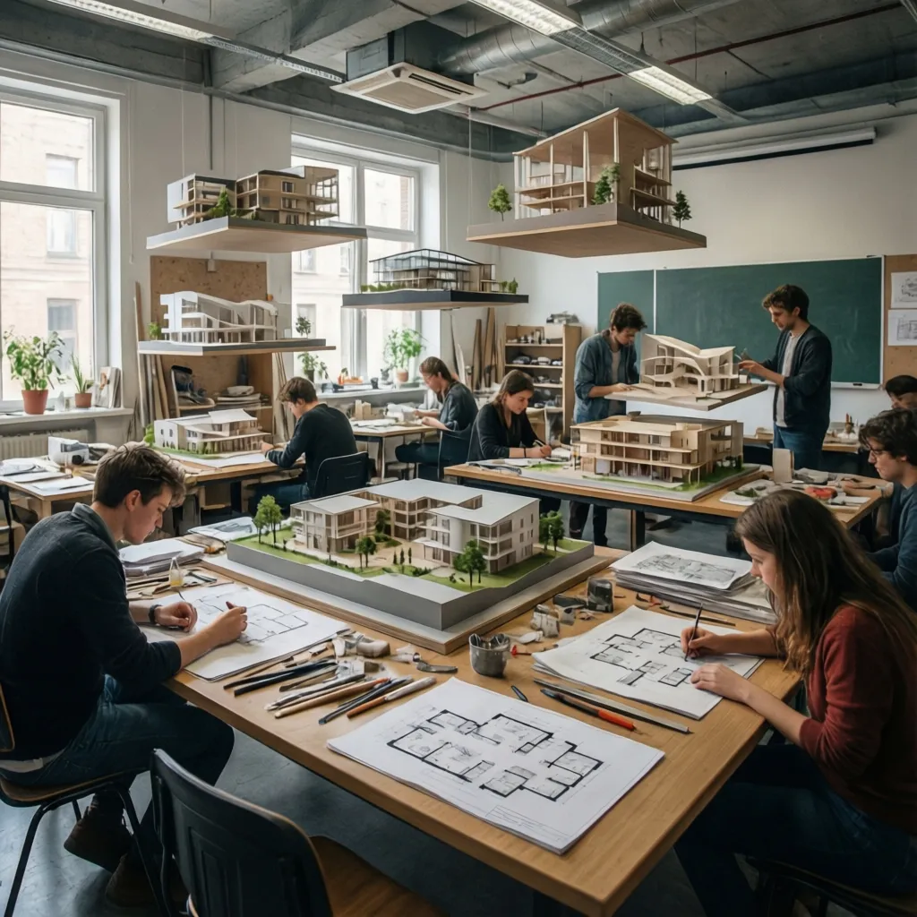 Interior design students drawing room layouts and building miniature house models in a bright classroom