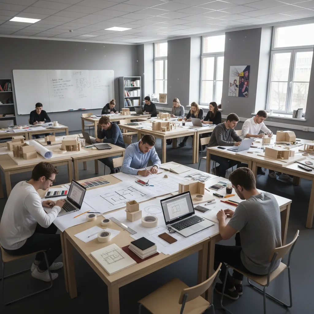 Estudiantes de diseño de interiores trabajando en planos y maquetas