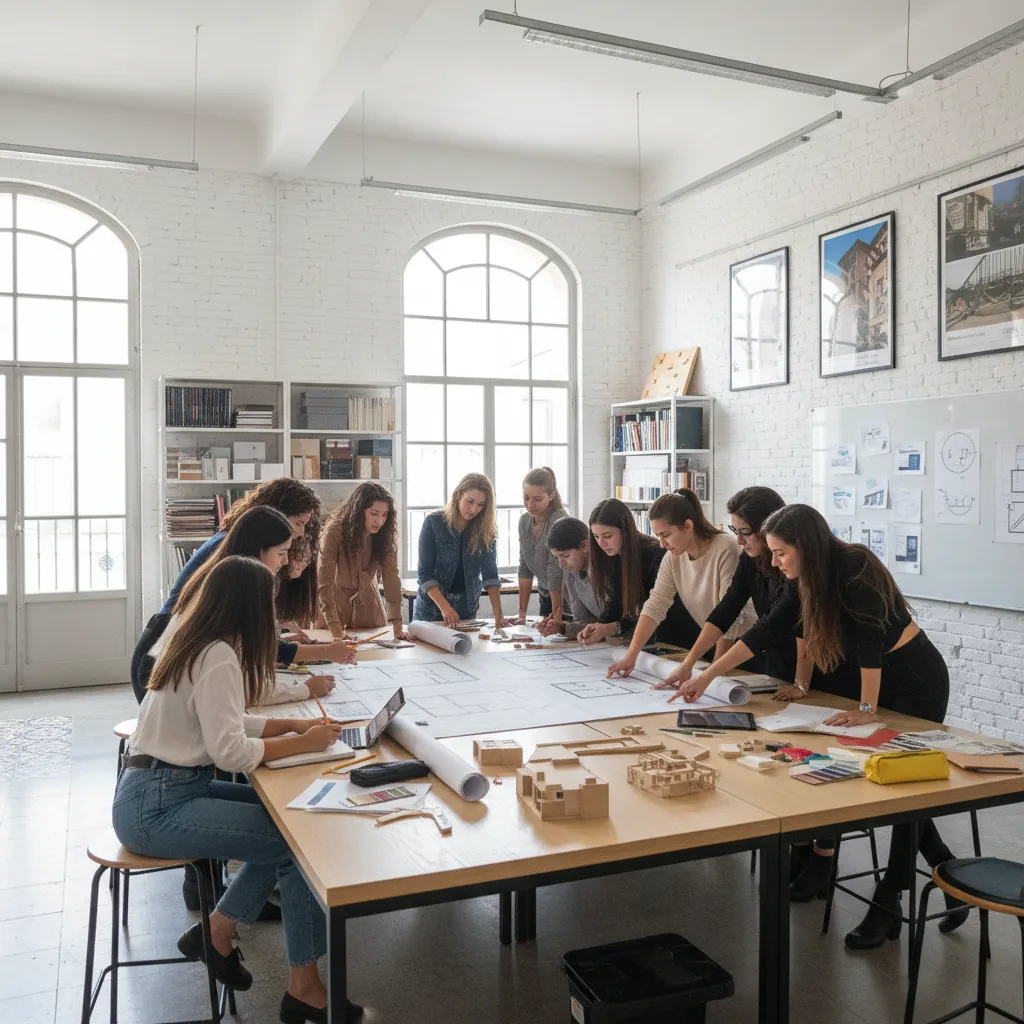 Students standing around a large table studying floor plan drawings in a bright white studio