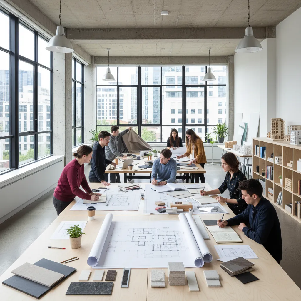 Estudiantes de diseño de interiores trabajando en planos y maquetas en un aula