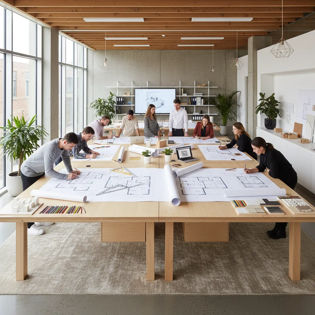 Clase de estudiantes trabajando en planos de interiorismo