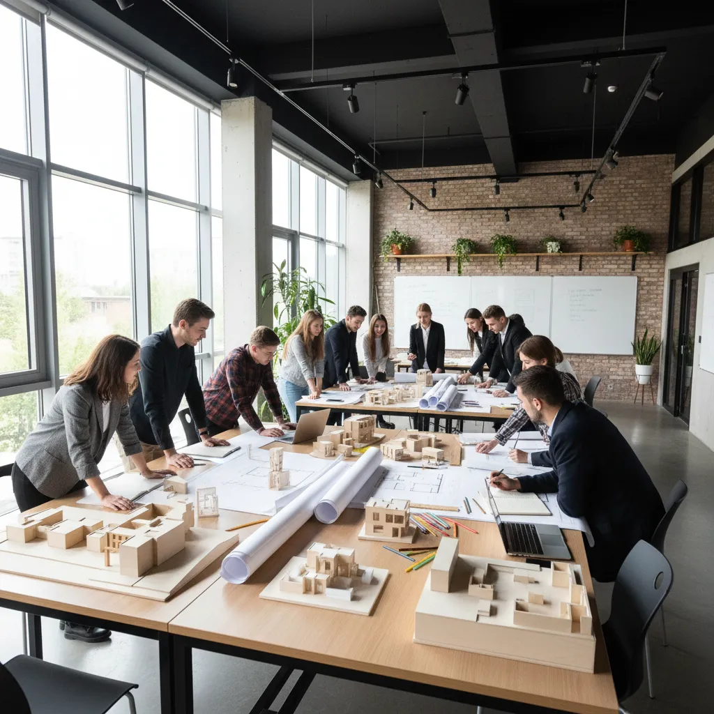 Clase de estudiantes aprendiendo diseño de interiores con planos y maquetas