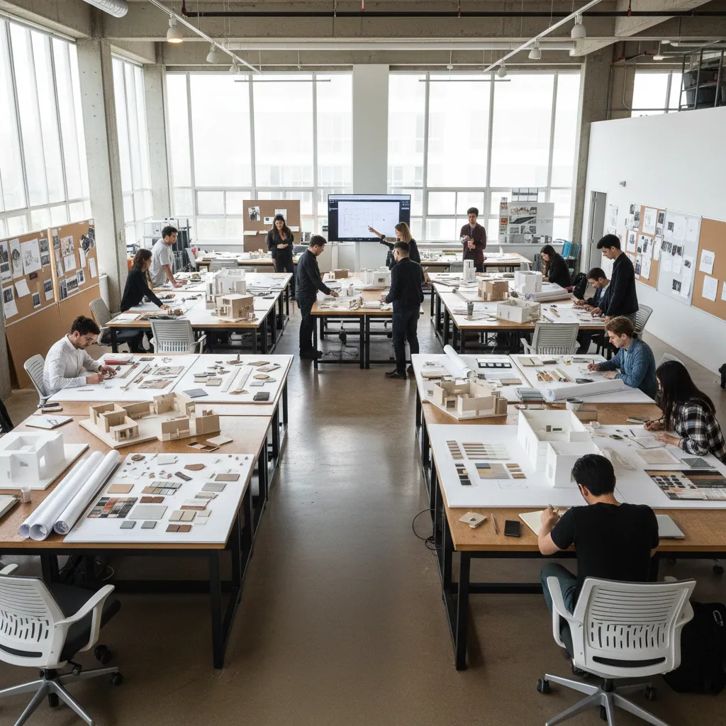 Many students working in a bright studio building house models and reviewing interior design drawings