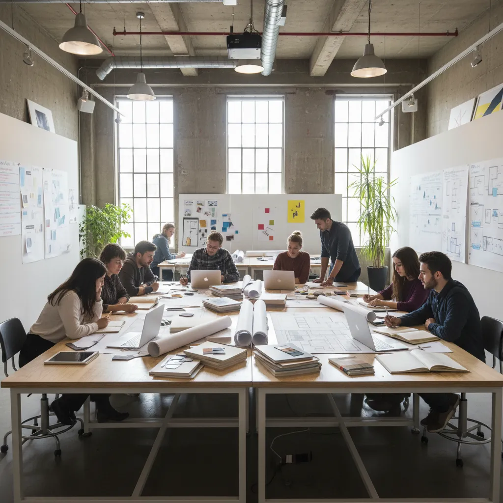 Interior design students working on floor plans with laptops at a large table in studio
