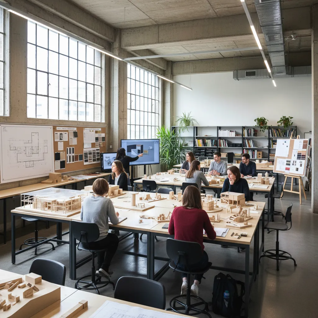Clase de estudiantes aprendiendo diseño de interiores con planos y maquetas