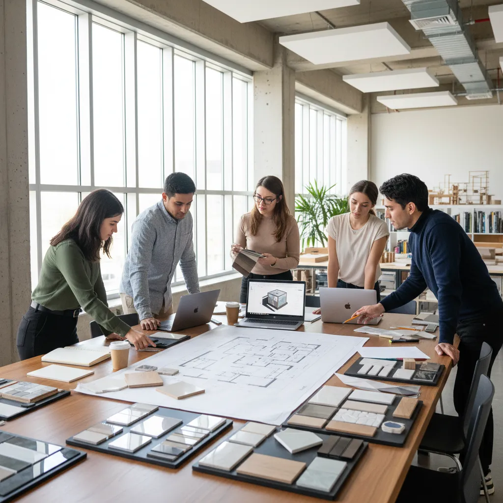 Estudiantes de diseño de interiores analizando planos y muestras de materiales