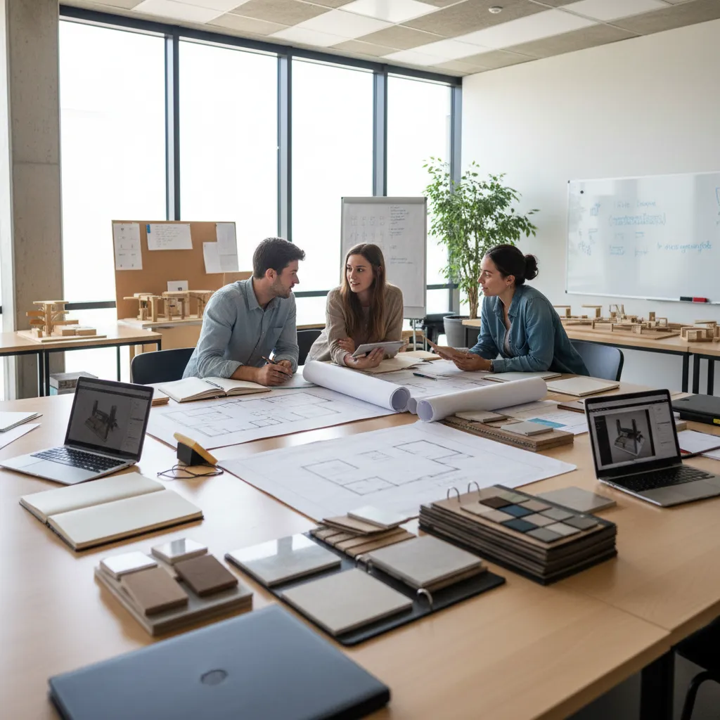 Estudiantes de diseño de interiores revisando planos en una mesa de trabajo
