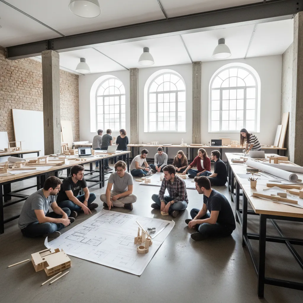 Clase de estudiantes de diseño de interiores trabajando con planos y maquetas