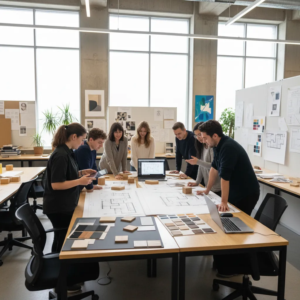 Estudiantes de diseño de interiores trabajando con planos y muestras de materiales