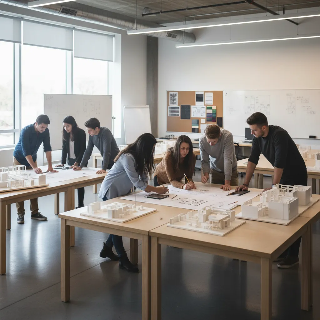 Clase de diseño de interiores con estudiantes revisando planos y maquetas