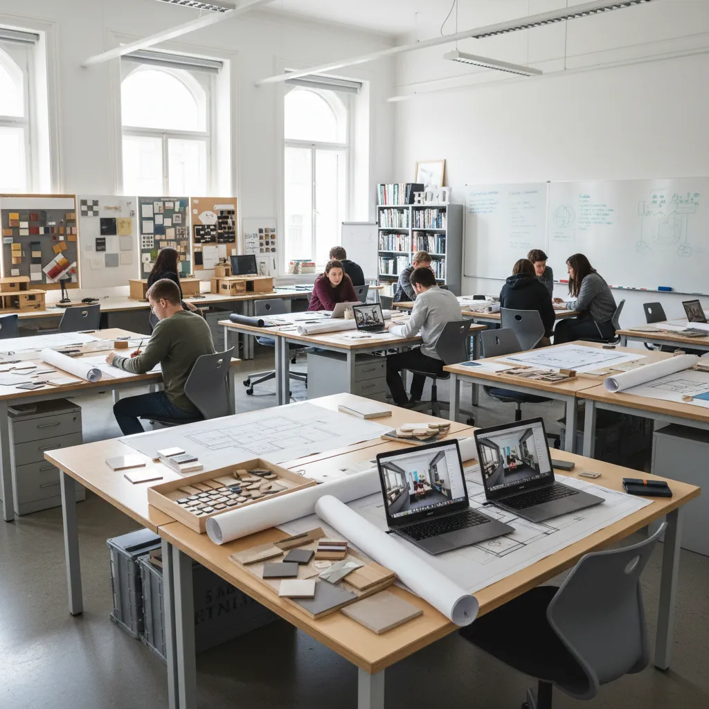 Students in a bright design studio working on laptops with room layouts and material samples