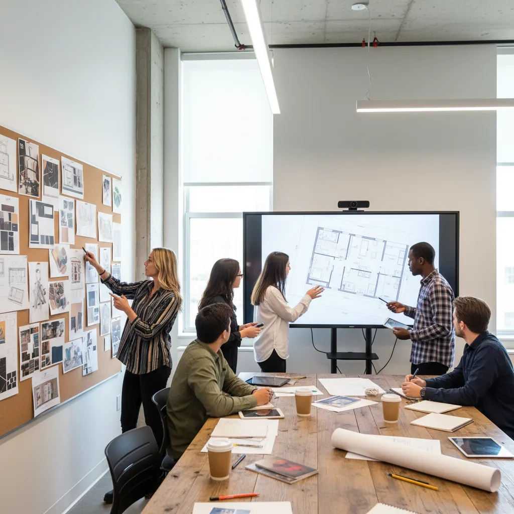 Estudiantes de interiorismo revisando un proyecto de diseño en clase