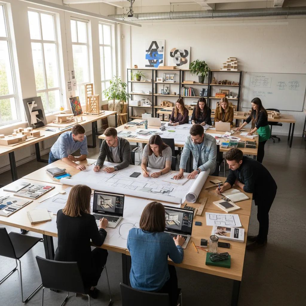 Clase de estudiantes aprendiendo diseño de interiores con planos y ordenadores