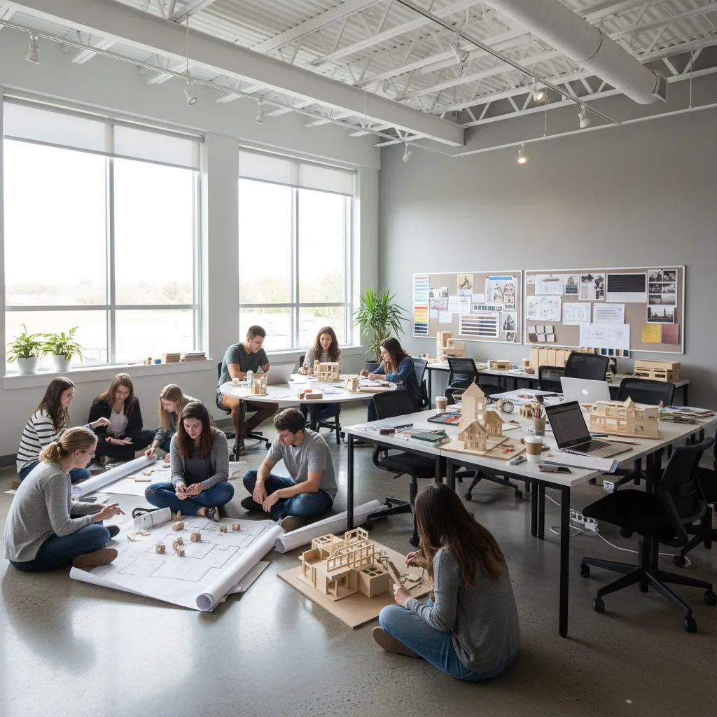 Estudiantes de diseño de interiores trabajando en un aula con planos y maquetas