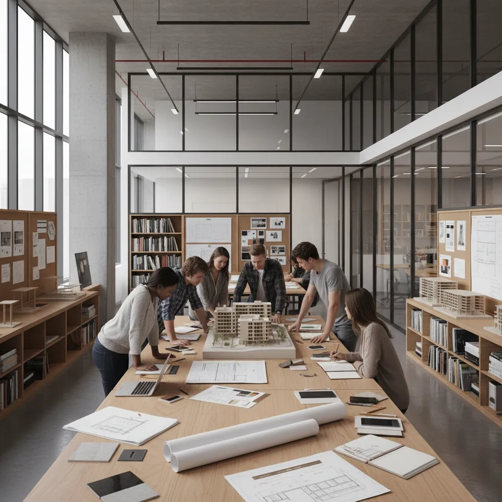 Clase de diseño de interiores con estudiantes revisando planos y maquetas