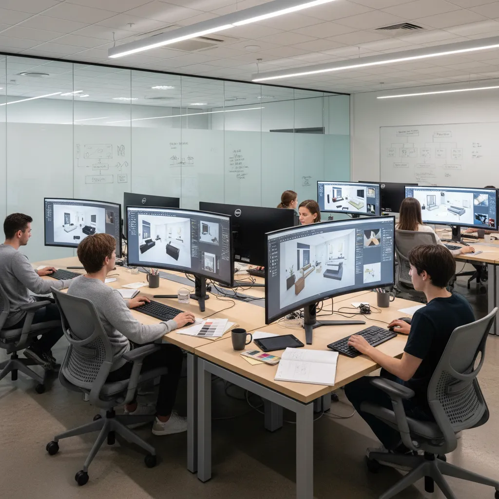 Estudiantes trabajando en software de diseño de interiores en computadoras
