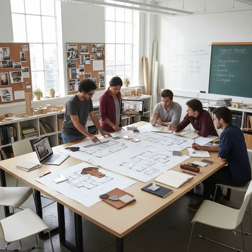Estudiantes analizando planos de diseño interior en una mesa de trabajo