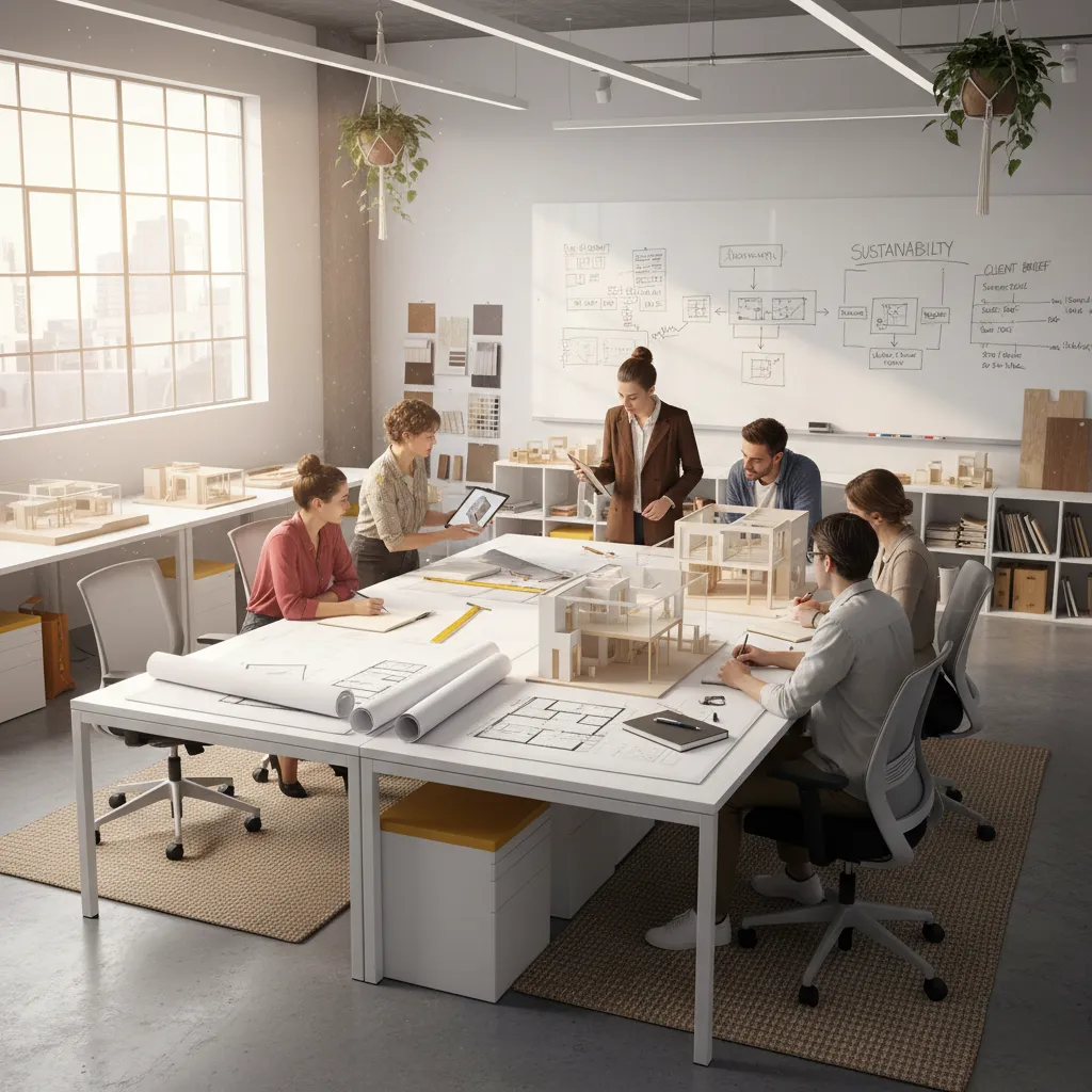 Estudiantes de interiorismo revisando planos y maquetas en clase
