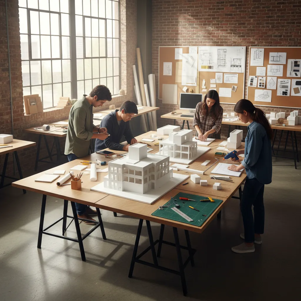 Estudiantes de diseño de interiores trabajando en una maqueta arquitectónica