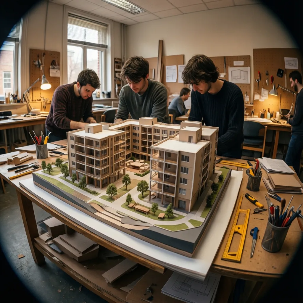 Three students working on a large building model in a workshop with tools and lights
