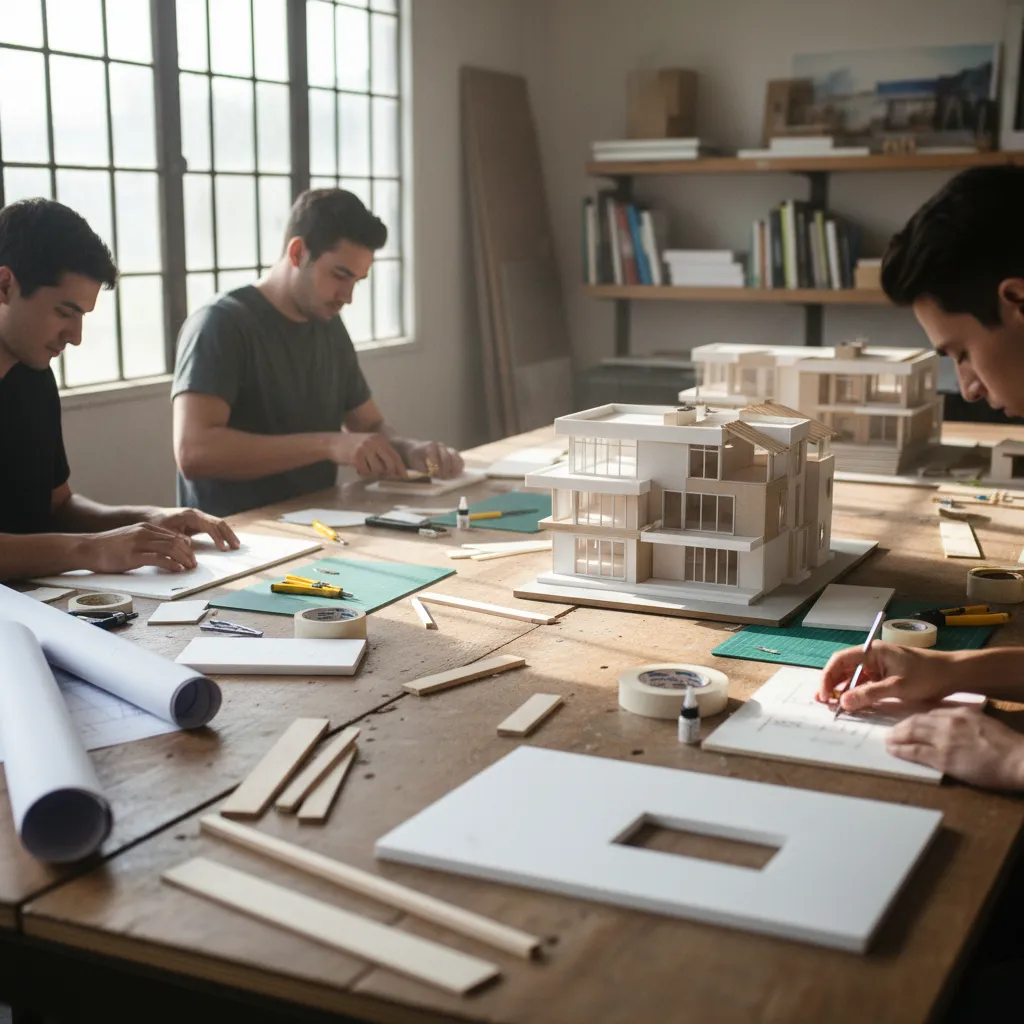 Estudiantes creando una maqueta de diseño de interiores en una mesa de trabajo