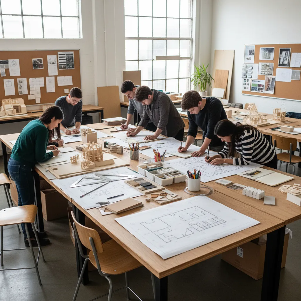 Students drawing interior design drawings and building house models on a large wooden work table