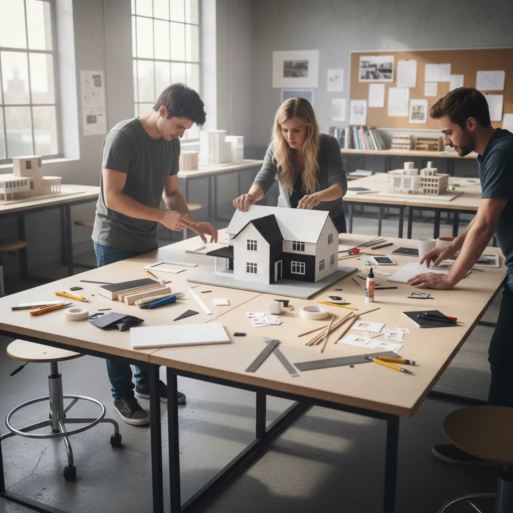 Estudiantes de interiorismo trabajando en una maqueta de vivienda