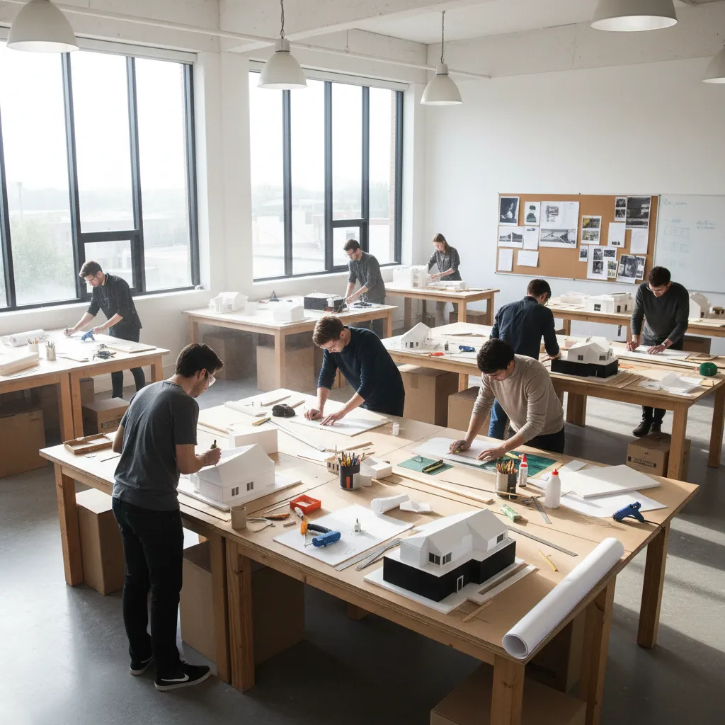 Group of students building white house models on wooden tables in a bright sunny workshop
