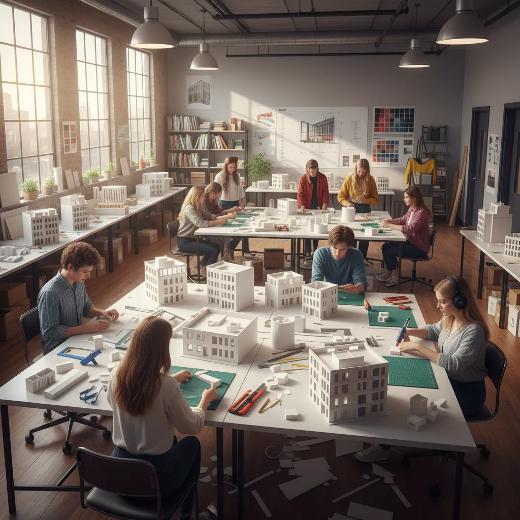 Students building white building models in a bright studio with large windows and hanging lights