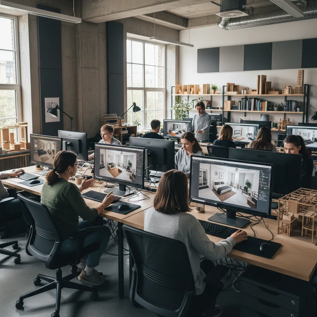 Estudiantes trabajando en modelos 3D de interiores en ordenadores