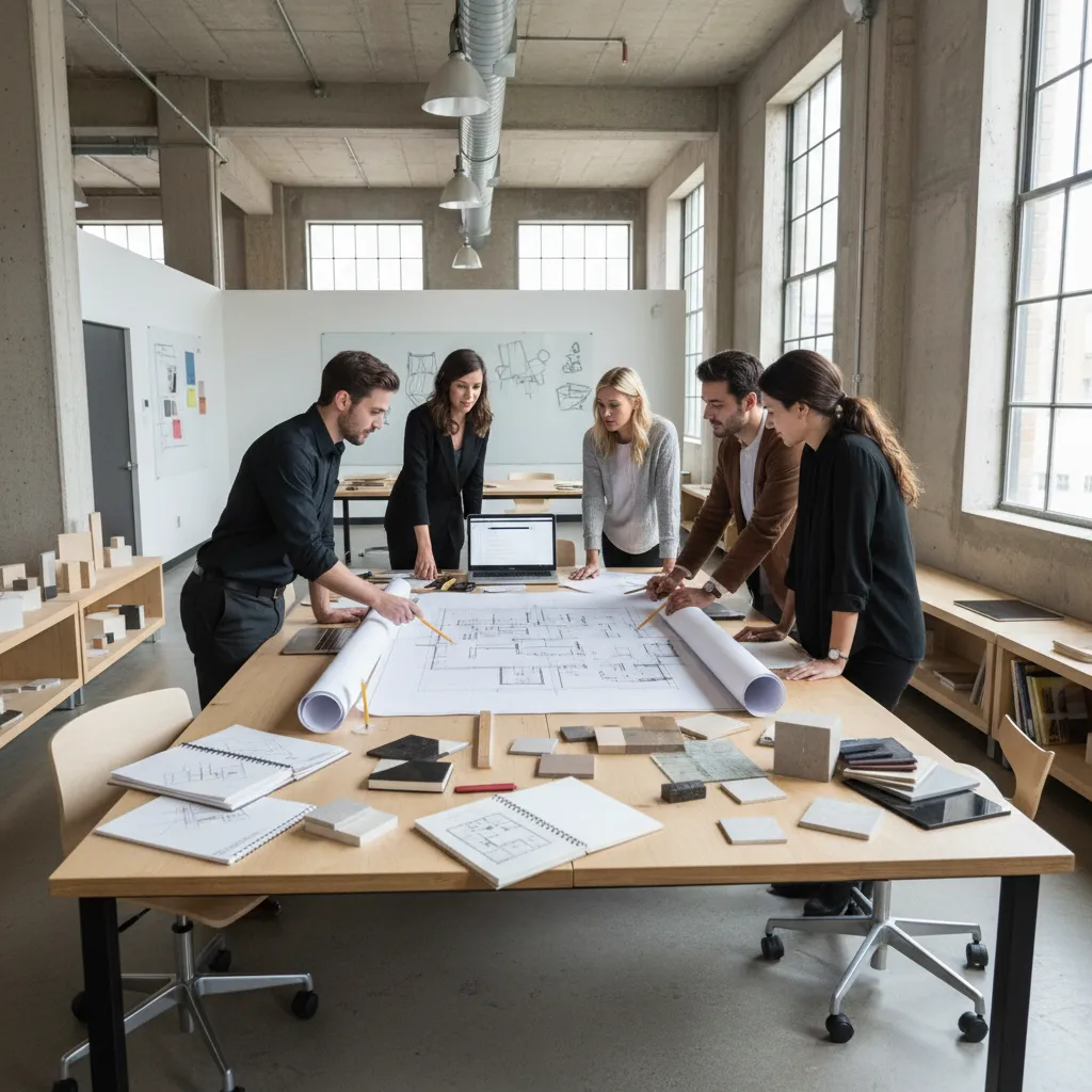 Estudiantes analizando planos de interiorismo en una mesa de trabajo