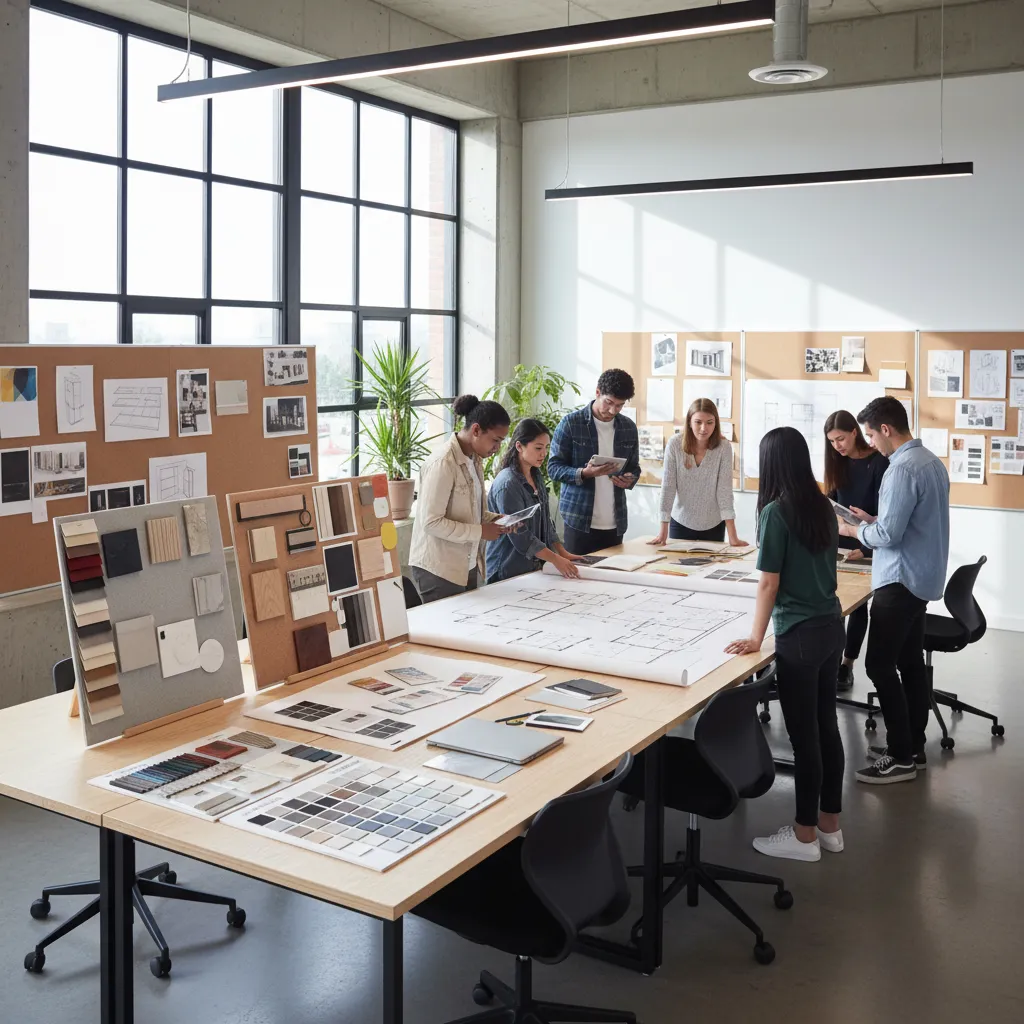 Estudiantes revisando planos y muestras de materiales en una clase de diseño de interiores