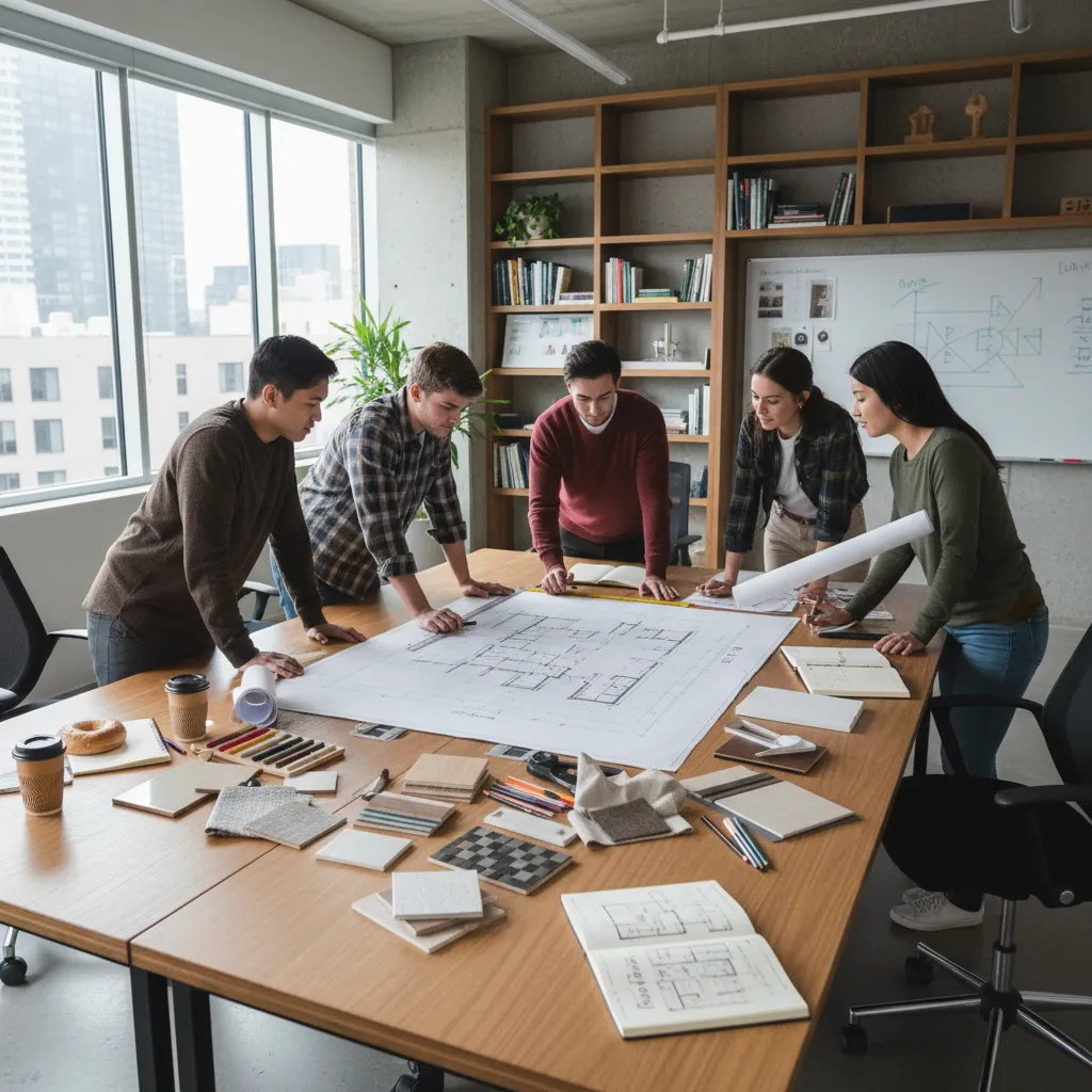 Estudiantes revisando planos de interiorismo en una mesa de trabajo