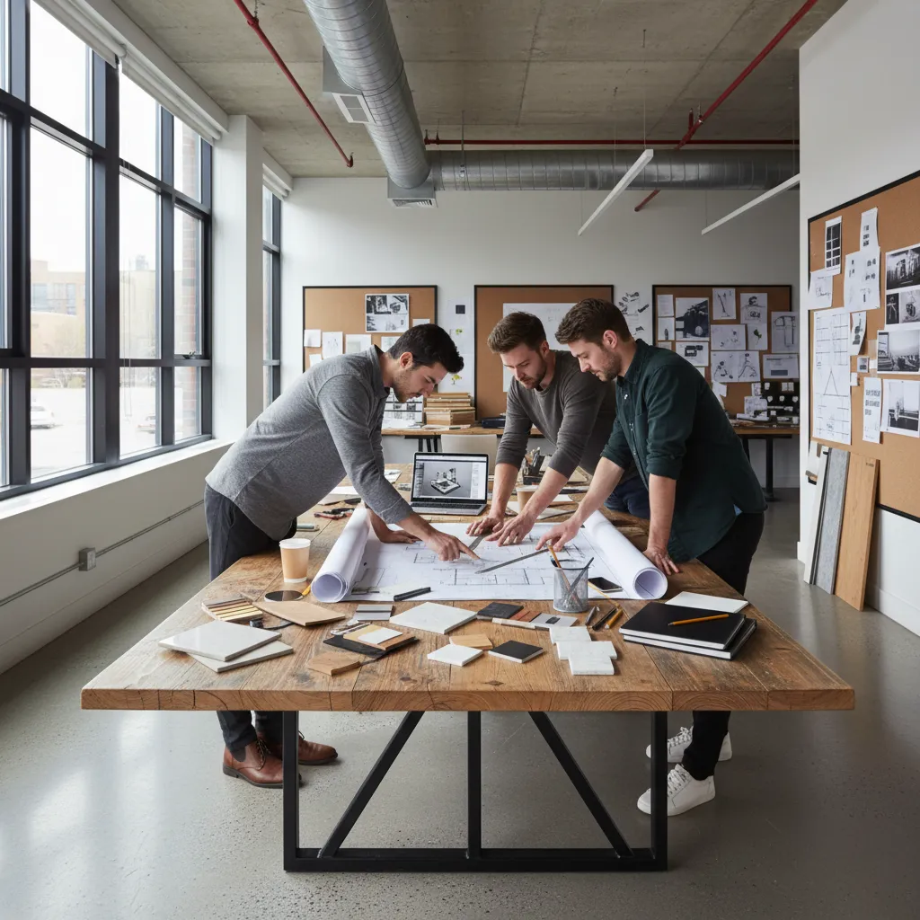 Three designers looking at floor plans on wooden table with material samples and a laptop