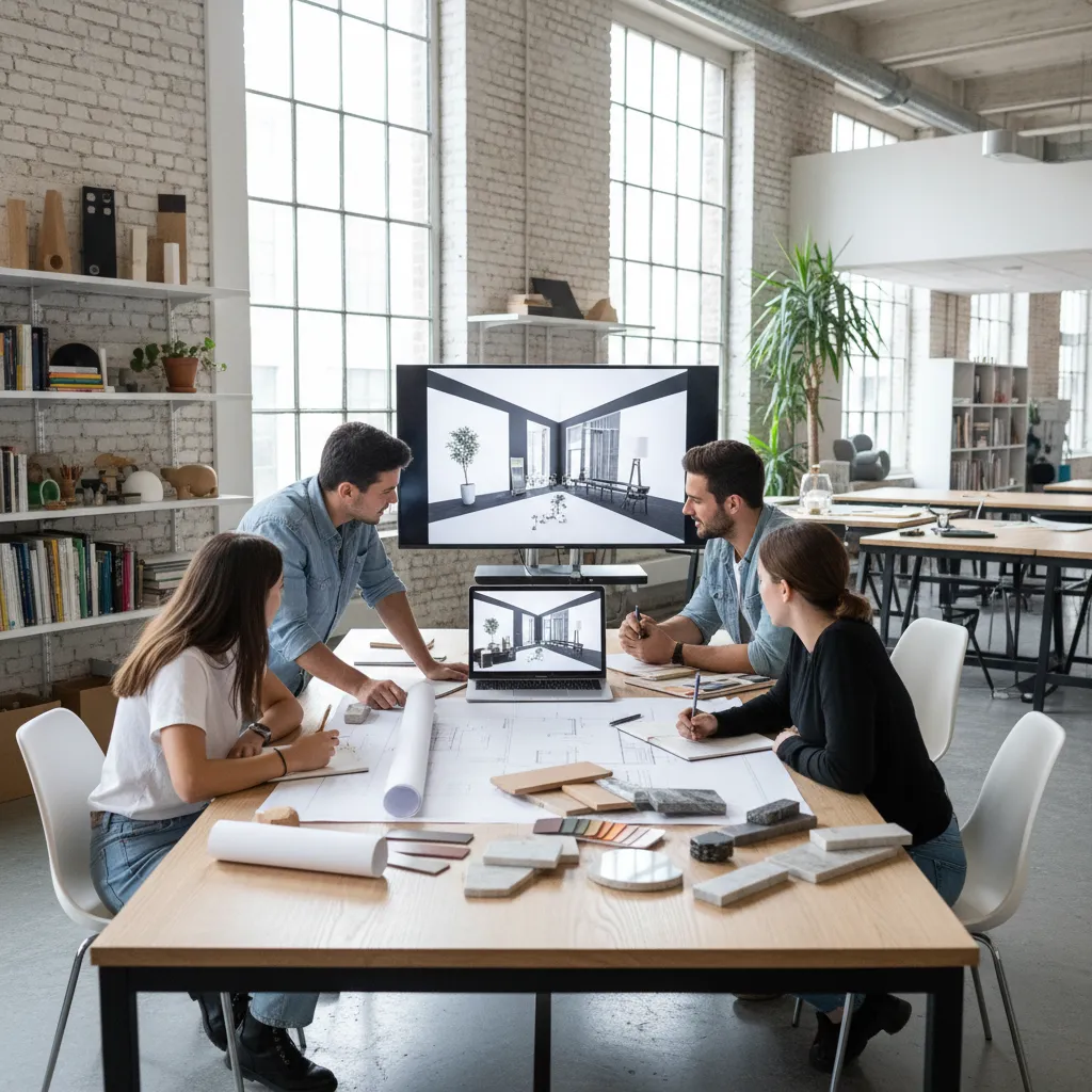 grupo de estudiantes de diseño de interiores trabajando en un proyecto
