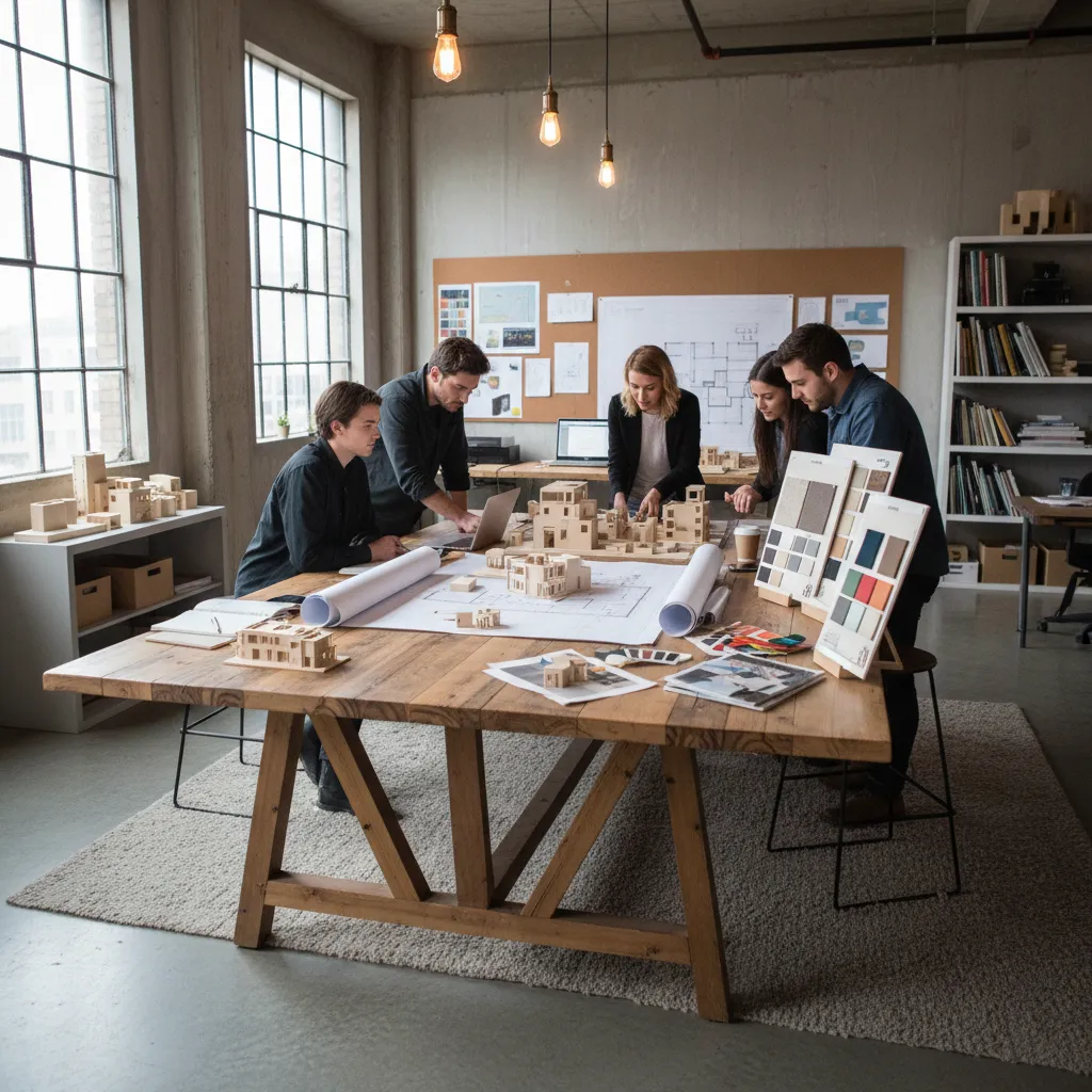 Five interior design students working on house models and floor plans around a wooden table