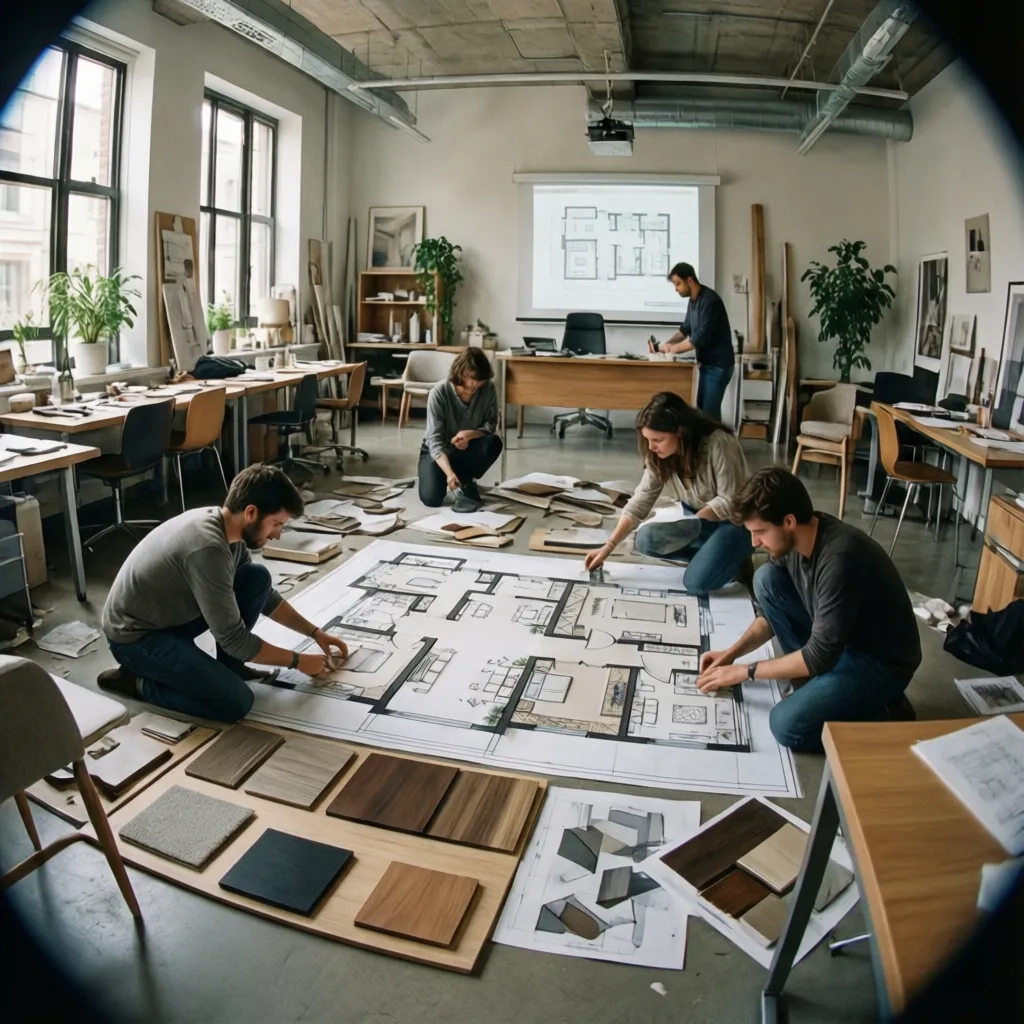 Design students working together on a large house floor plan with various material samples on floor