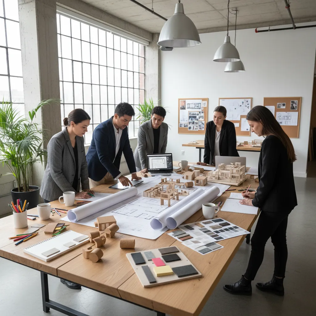 Professional designers working around a table with floor plans models and many different material samples