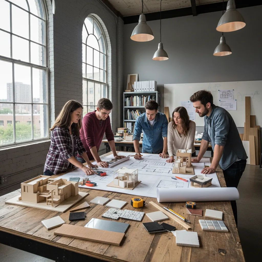 Estudiantes revisando planos y maquetas de un proyecto de interiorismo
