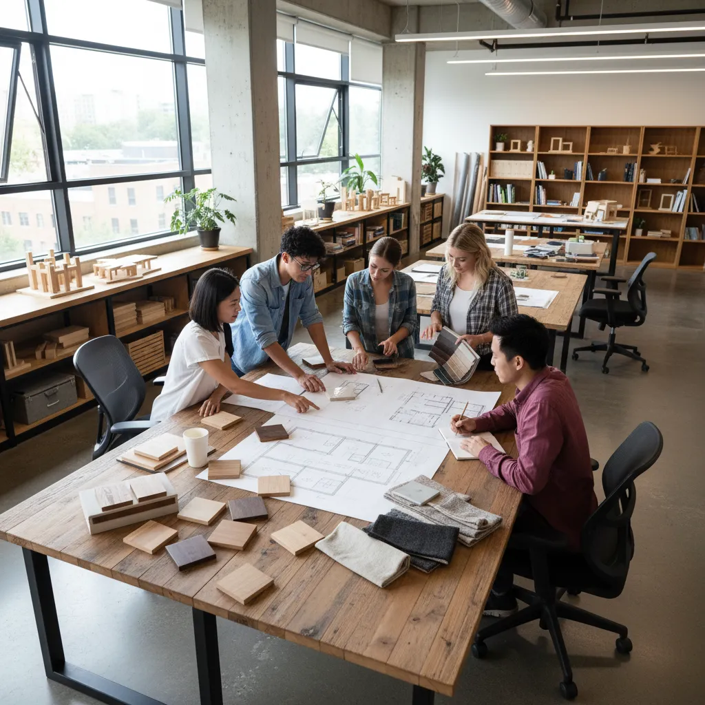 Five design students reviewing room layout blueprints and material samples on a large wooden table
