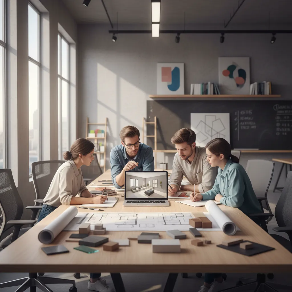 Estudiantes de interiorismo desarrollando un proyecto con planos y ordenador